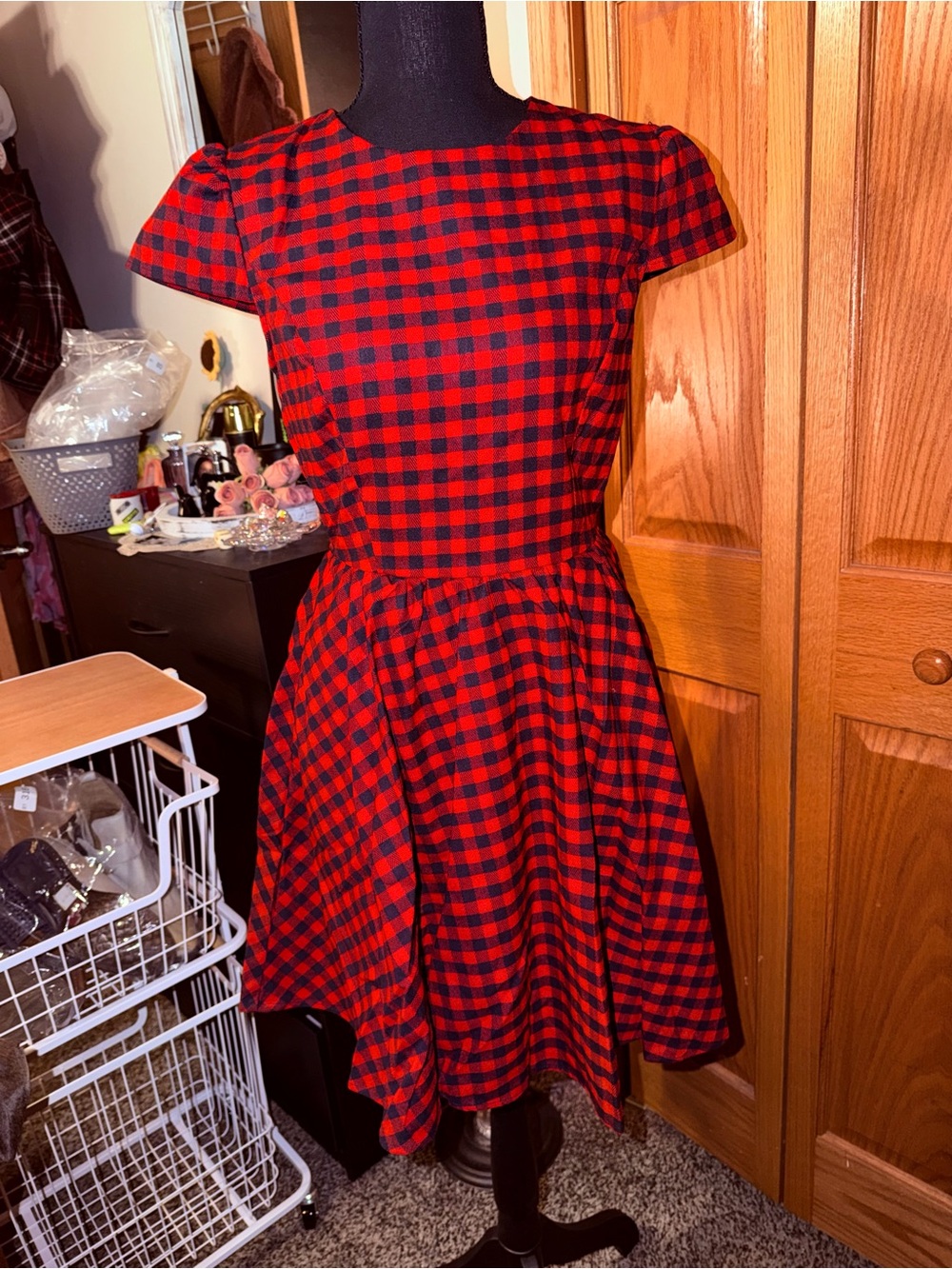 Red and Black Check Midi Fit-and-Flare Dress - Picture 6 of 10